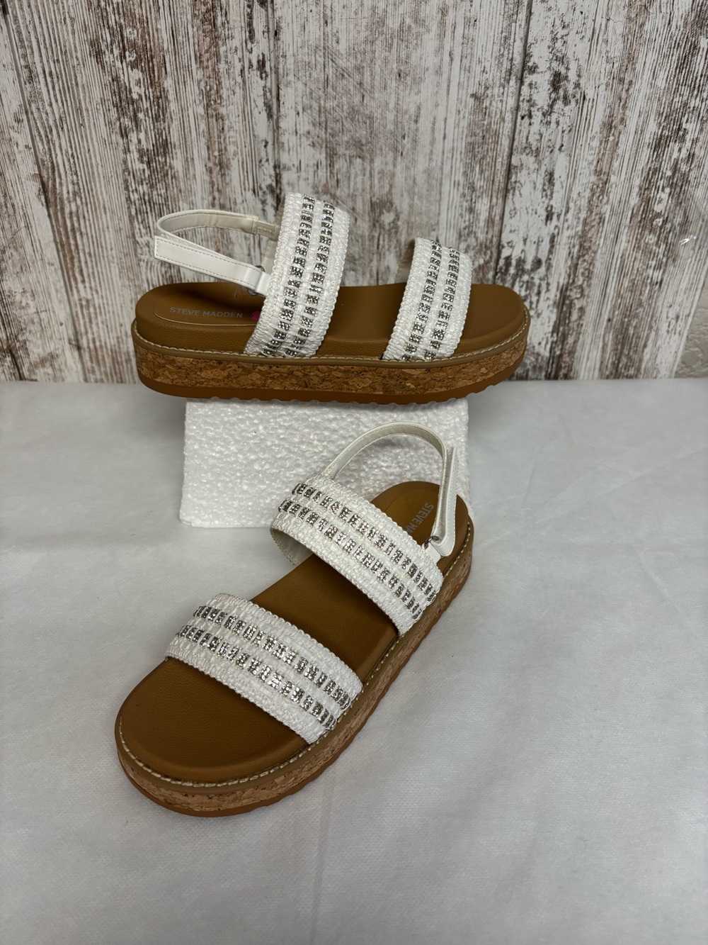Steve Madden White Beaded Platform Sandal with Cork Sole